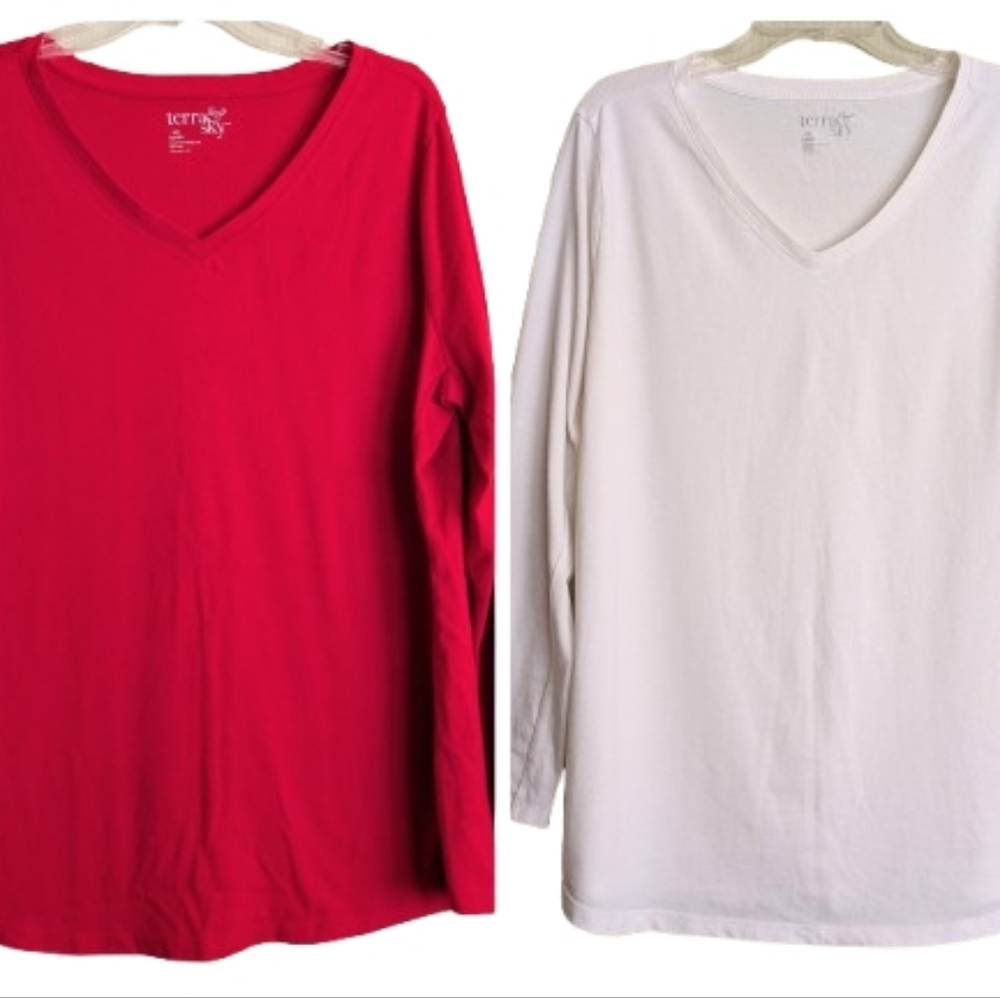 Terra & Sky Two Essential V-neck T-shirts Red & Cream Long Sleeves Size OX-14W